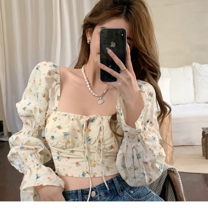 Korean Blouse Crop Top Square Neck Sabrina Atasan Wanita Sabrina Motif Flower 2632