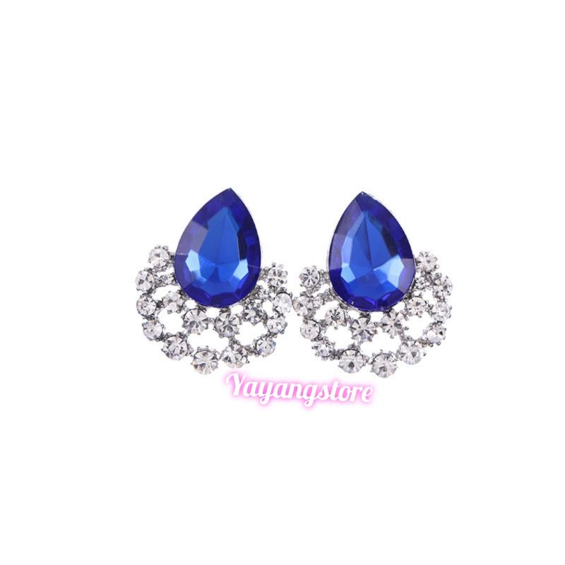 Anting Permata Batu Pesta Blue Saphire dan Batu Merah Korea Import