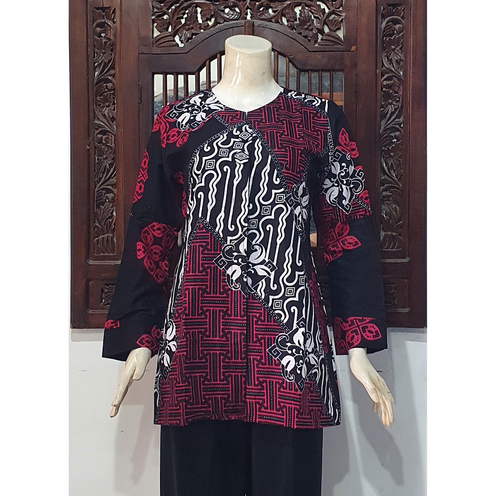 NEW Blouse ENAMOSA Atasan Kemeja Batik Wanita Blus Lengan Panjang Kancing Depan Motif Pekalongan -04-CP 1 Merah