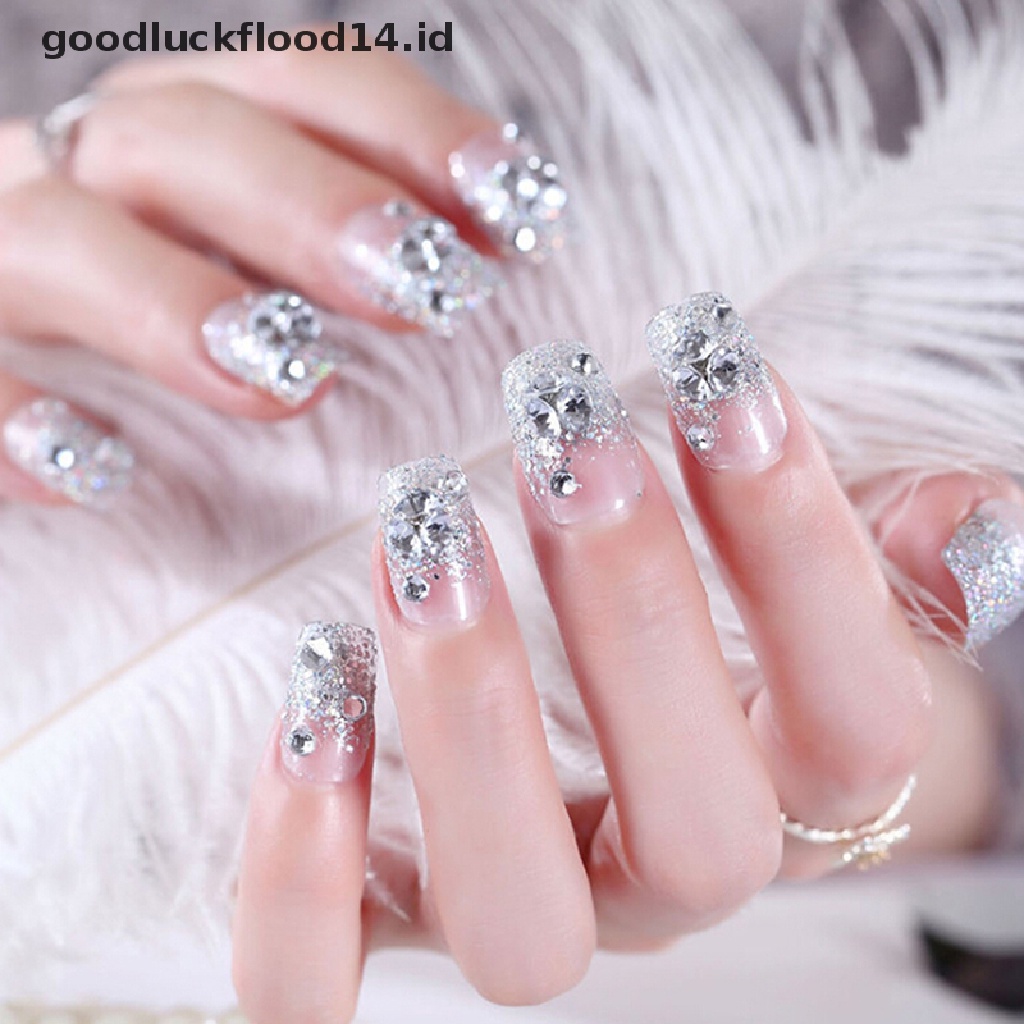 [OOID] 24Pcs Silver White False Nails Acrylic UV Gel Full French Fake Art Tips Tools ID