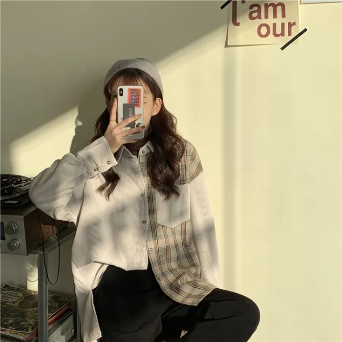 Versi Korea Fashion Retro Korduroi Jahitan Kemeja Kotak-kotak Longgar Lengan Panjang Atasan untuk Wanita