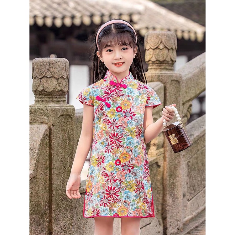 Dress anak perempuan Cheonsam Impor Motif Peacock/Cherry/Bunga Merah