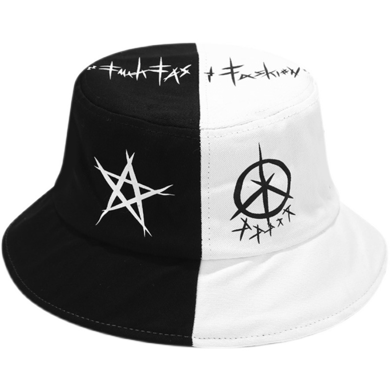 Topi bucket Motif graffiti Warna Hitam Dan Putih Gaya hip hop Korea Untuk unisex