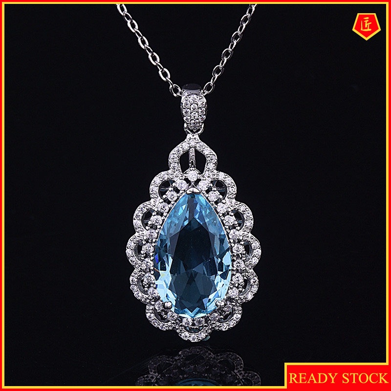 [Ready Stock]Fashion Luxury Full Diamond Inlaid Blue Gem Drop Necklace Pendant