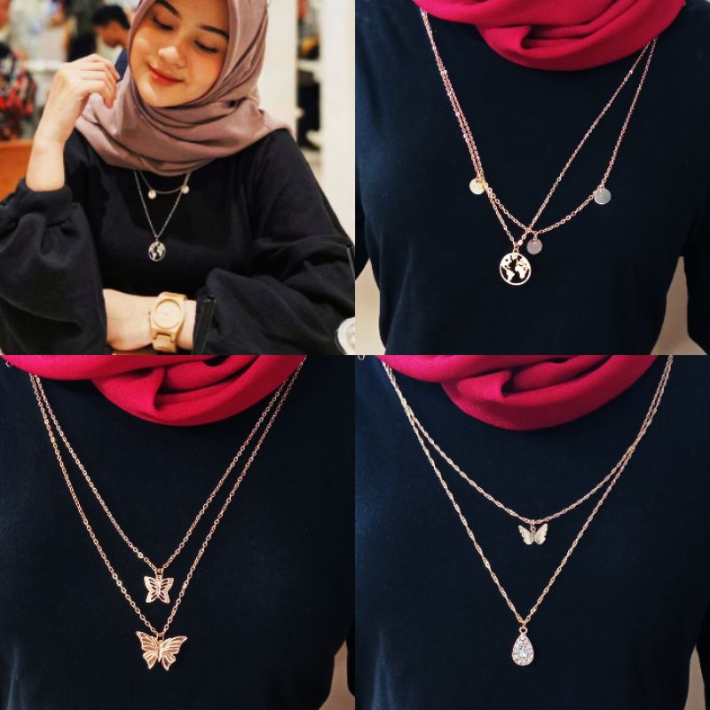 REAL PANJANG Kalung Hijab 2 layer ootd kalung jilbab kalung rantai lapis korean style emas perak gol