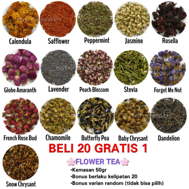 

(20 FREE 1) 50gr Teh Bunga Flower Tea Chamomile | Telang | Peach Blossom | Lavender | Rose Bud|Apple