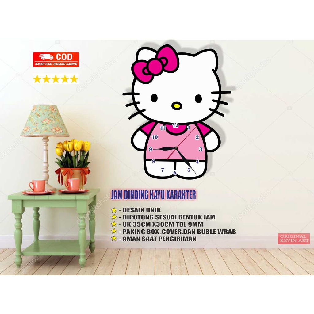 JAM DINDING KAYU HELLO KITTY UNIK ARTISTIK TERBARU MURAH