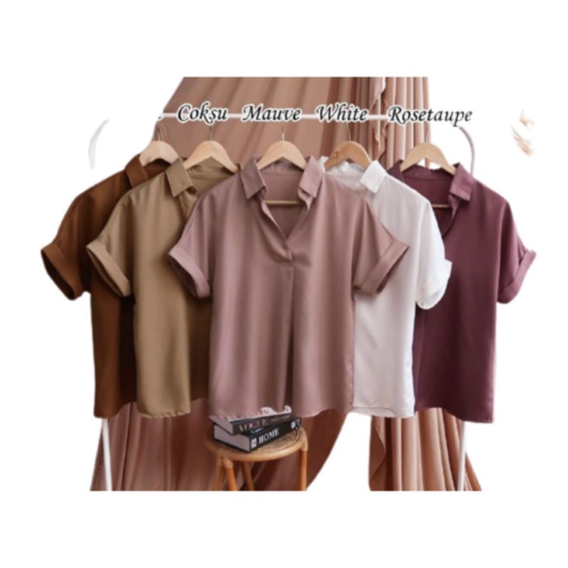 Blouse Lengan Pendek Polos V neck Shakila Twill
