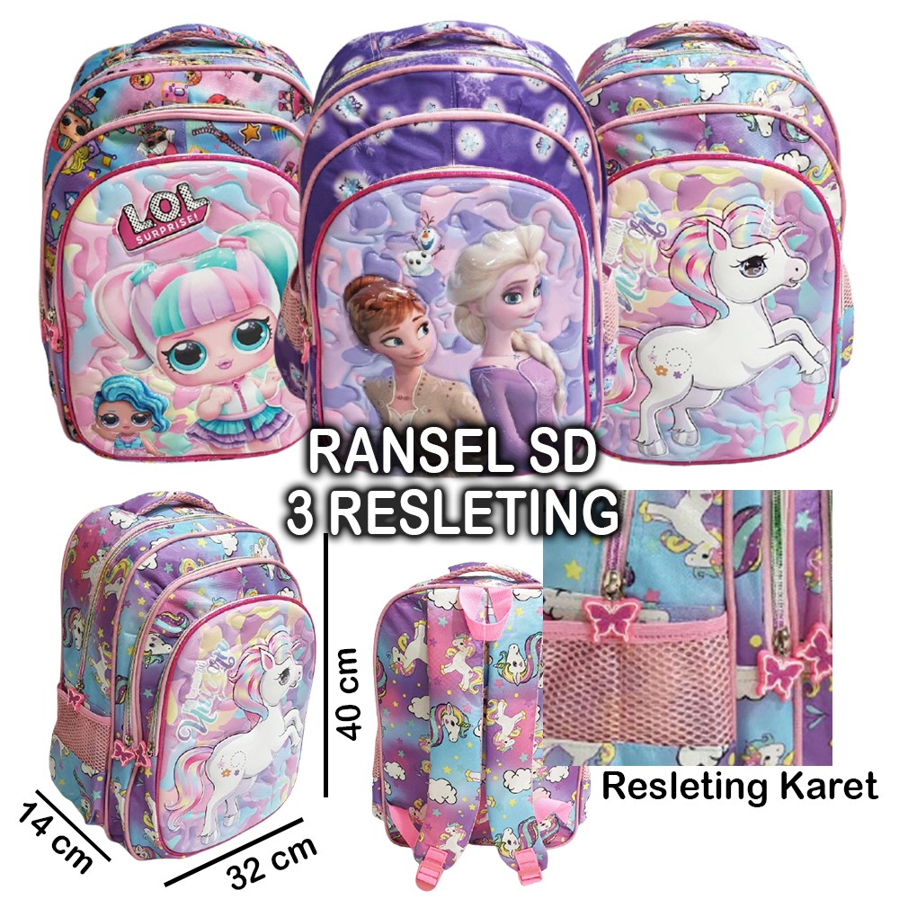 PROMO 10.10 RANSEL SD TAS ANAK SEKOLAH PEREMPUAN CEWE SD  Gambar Kuda Pony dan Putri Cantik LILAC CANDY Odet Snow Happy Polka Duet 3Resleting  ( 16&quot; )