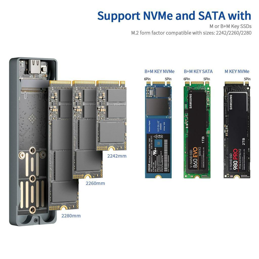 UnionSine Dual Protocol M2 NVMe NGFF SATA SSD Case 10Gbps HDD SSD Box to USB3.1 External Enclosure