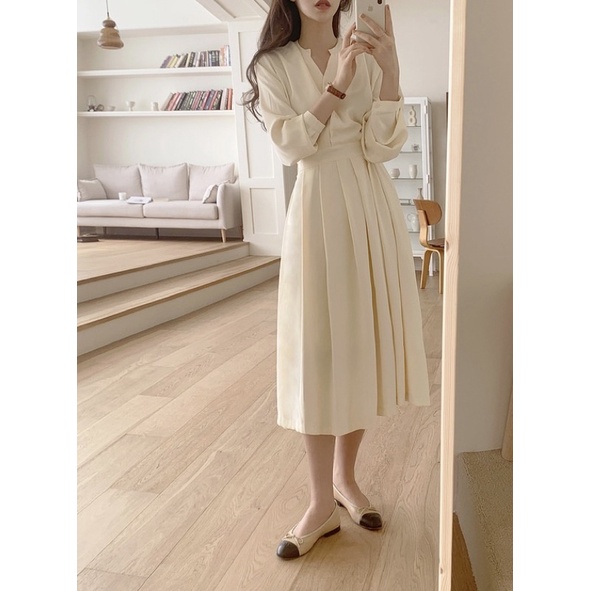 Nabi 나비 Dress Korean Hijab Busui Lengan Panjang Simple Basic Polos Cantik Button Kancing Midi Lebara