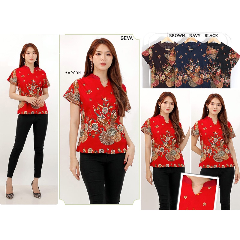 Evercloth Geva Atasan Batik Wanita Blouse Batik Perempuan Model Cheongsam