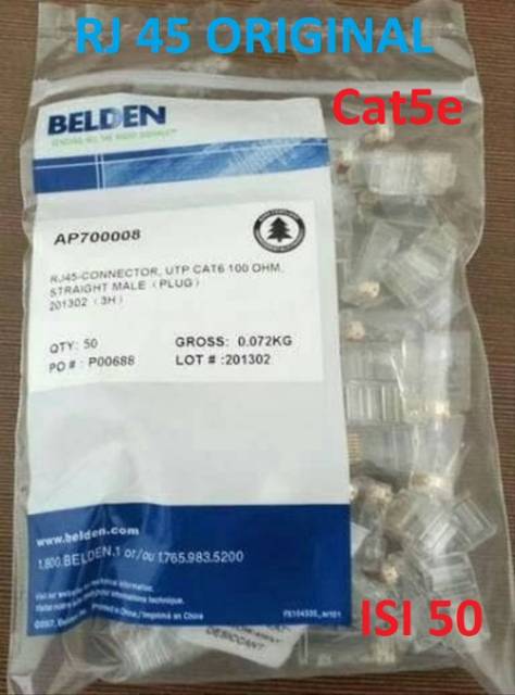 Connector RJ45 cat5e Belden Original isi 50 konektor RJ 45 - Kepala kabel LAN