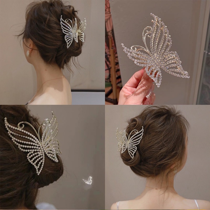 Butterfly Jepit Rambut Bentuk Kupu-Kupu Bahan Metal Aksen Mutiara Untuk Wanita