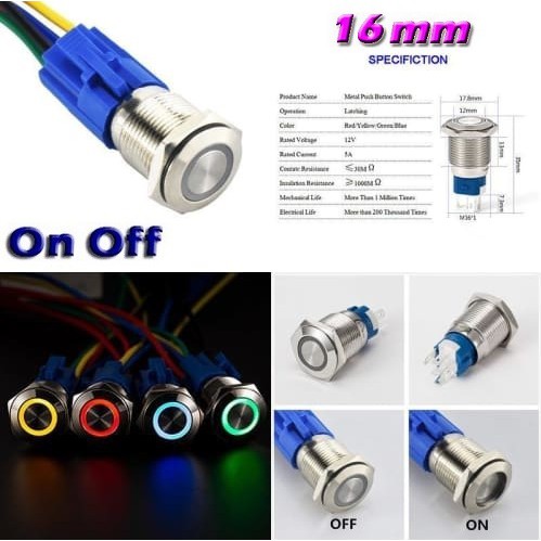 16mm Switch with Ring LED Saklar Metal Stainless Push Button Self Locking Plus  konektor Kabel Set Waterproof Mengunci On Off On