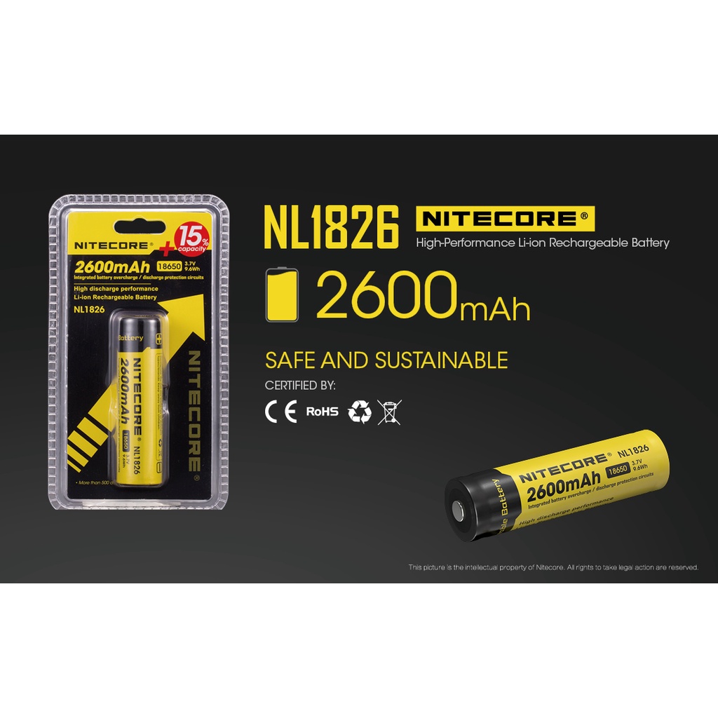 NITECORE 18650 Baterai Li-ion 2600mAh 3.7V - NL1826