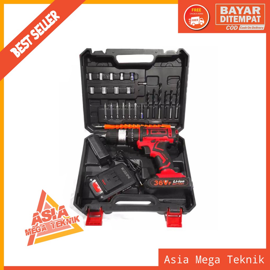 YUKIDO SET Bor Obeng Bor Bolak Balik 36 V Charger Cordless Drill Charging bor baterai 13 mm dan 12 v