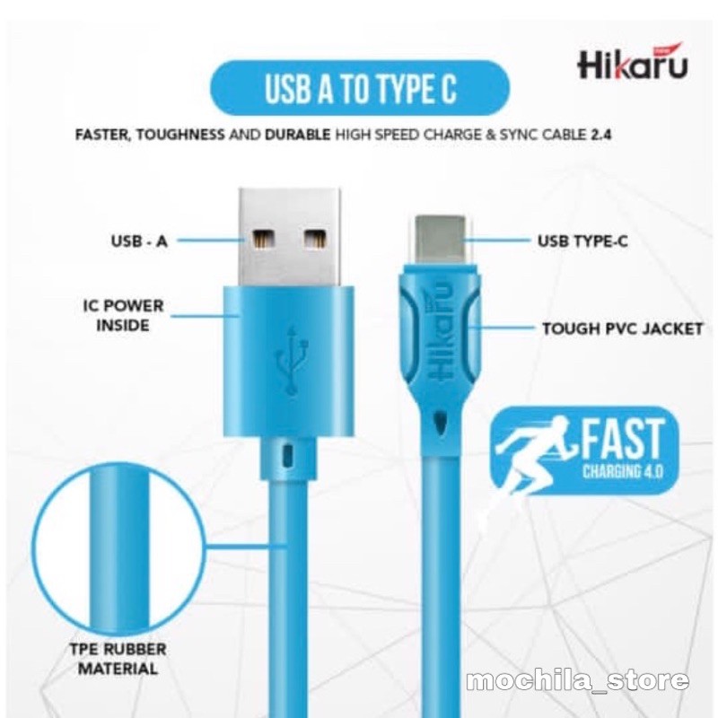 Kabel Data Fast Charging Tipe C / Type C - Dura Fast 2.4A - Fast Charging - 1 Meter - Hikaru