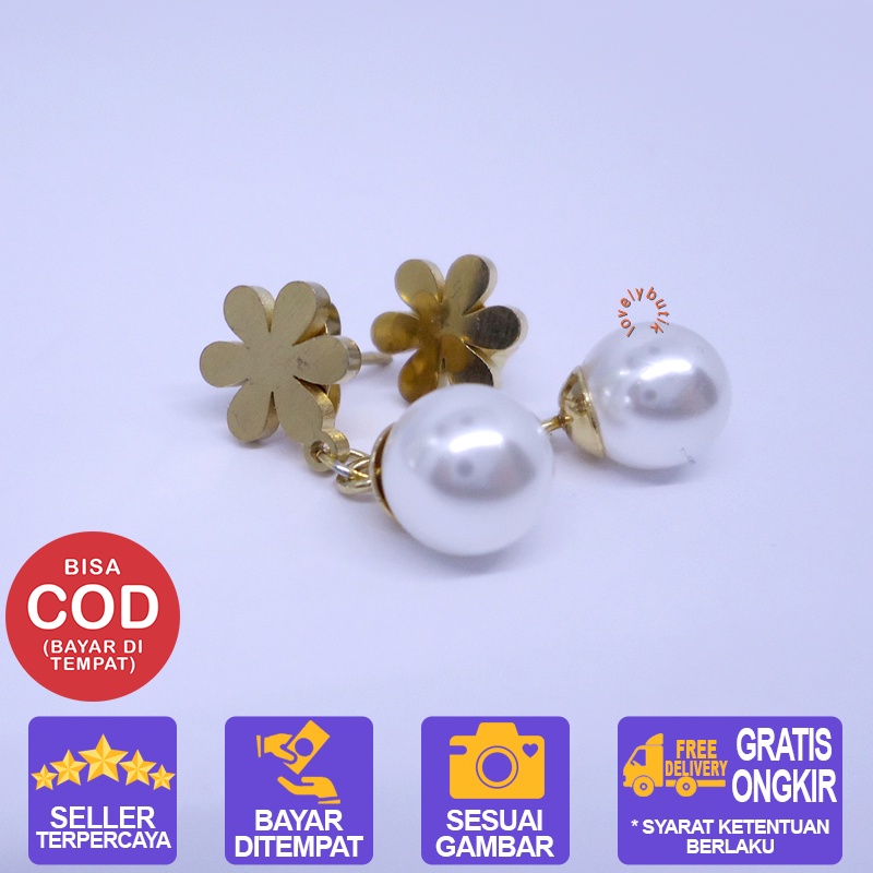 Lovelybutik - Anting Titanium Wanita Anti Karat  Love Flower Anting Tindik Titanium Wanita Gandulan Mutiara BONUS KOTA PERHIASAN [Emas]