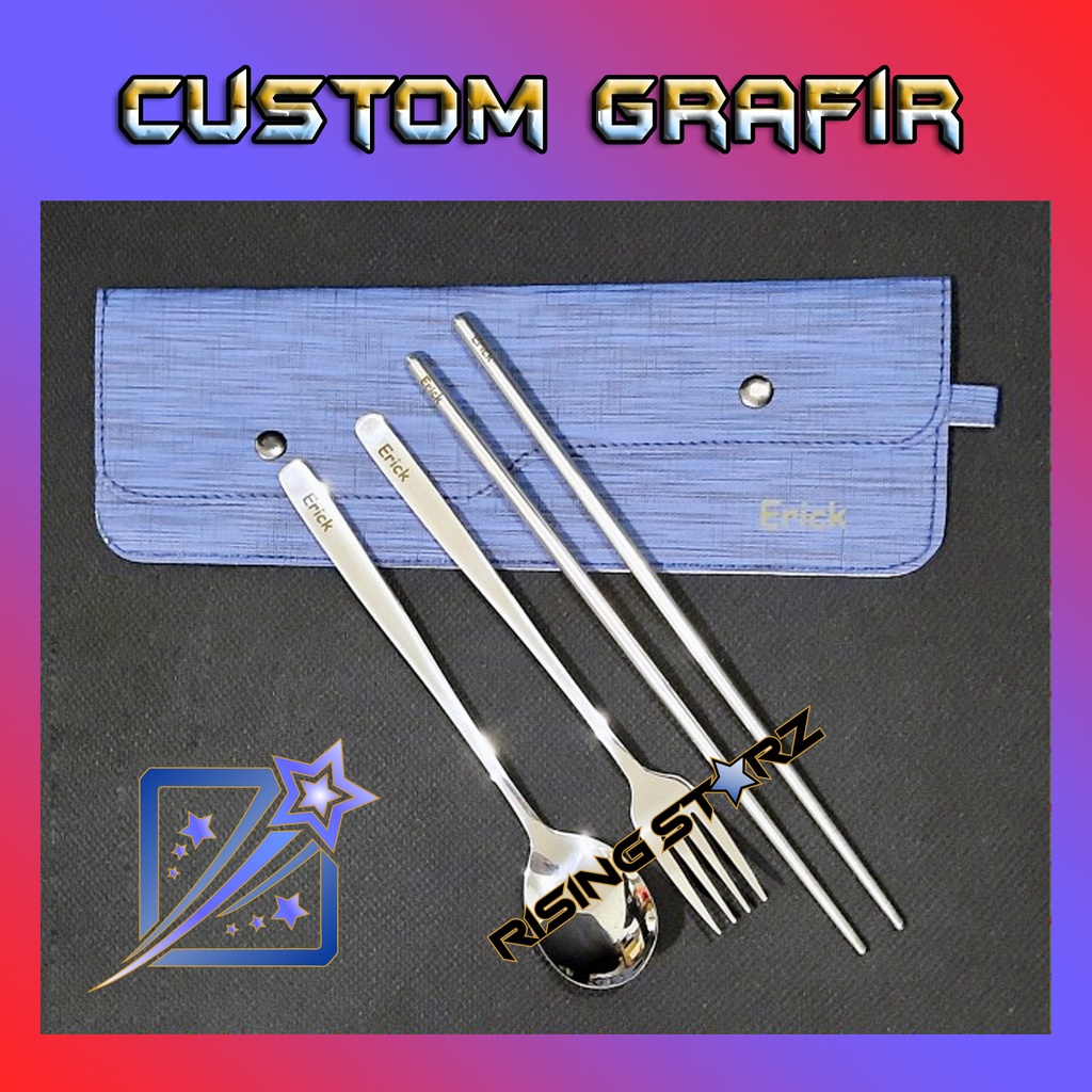 Sendok Korea Garpu Sumpit Stainless Pouch Set Custom Grafir Nama