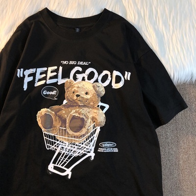 [littlecrab] Kaos Oversize Teddy Bear Trolley Kaos Couple T-Shirt Hitam Cream Kaos Feel Good Korean Style