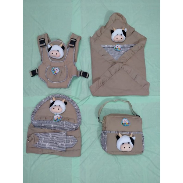 TERMURAH !!! SATU SET PERLENGKAPAN BAYI (PAKET HEMAT 5 in 1) BONUS 1 SET SARUNG TANGAN KAKI BAYI-Set 4 krem tas sapi