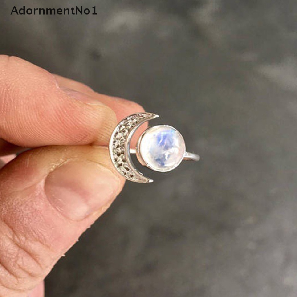 (AdornmentNo1) Cincin Terbuka Vintage Motif Bulan + Batu Opal + Kristal + Hollow Untuk Perhiasan Wanita