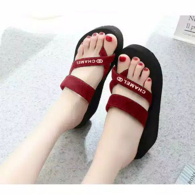 wedges webing chamel sandal wedges wanita sandal spon cewek murah sandal tali wanita