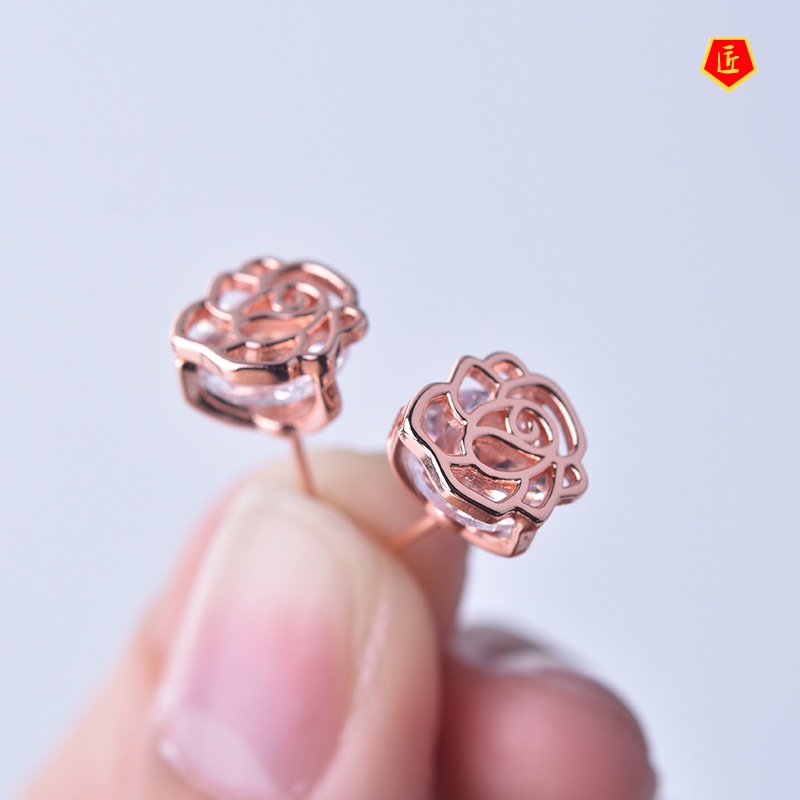 [Ready Stock]Rose Diamond Stud Earrings Fashion Simple