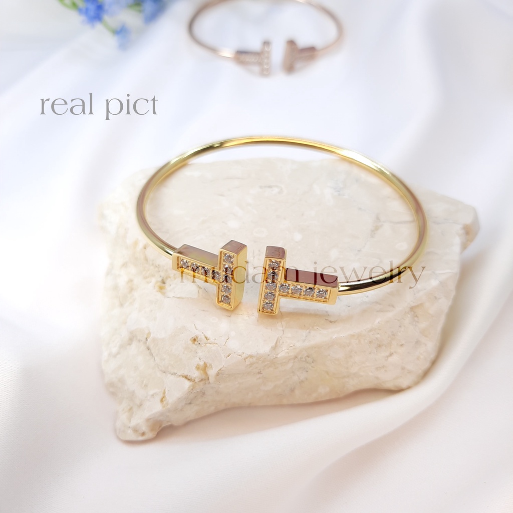 Gelang Lentur Bentuk T Double Dengan Diamonds Artifisial Warna Rose Gold, Gold dan Silver