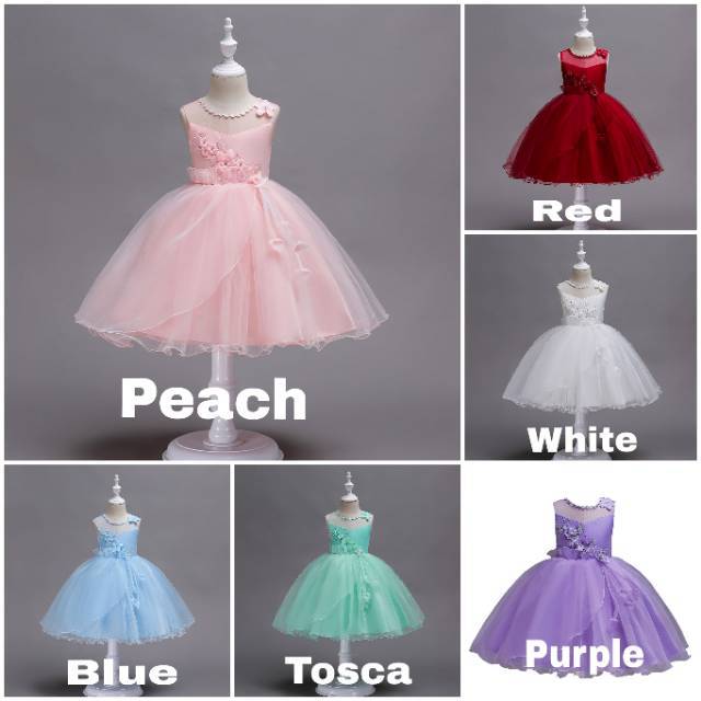 SALLY DRESS / DRESS PESTA ANAK IMPORT KOREA / GAUN NATAL MERAH HIJAU UNGU BIRU TOSCA PEACH MURAH