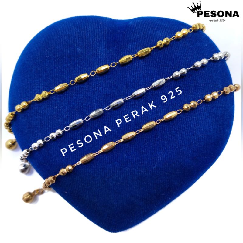 Gelang Perak Asli Silver Tangan Wanita 925 Lapis Emas Putih Rantai Biji Lada Variasi Oval  - Perhias