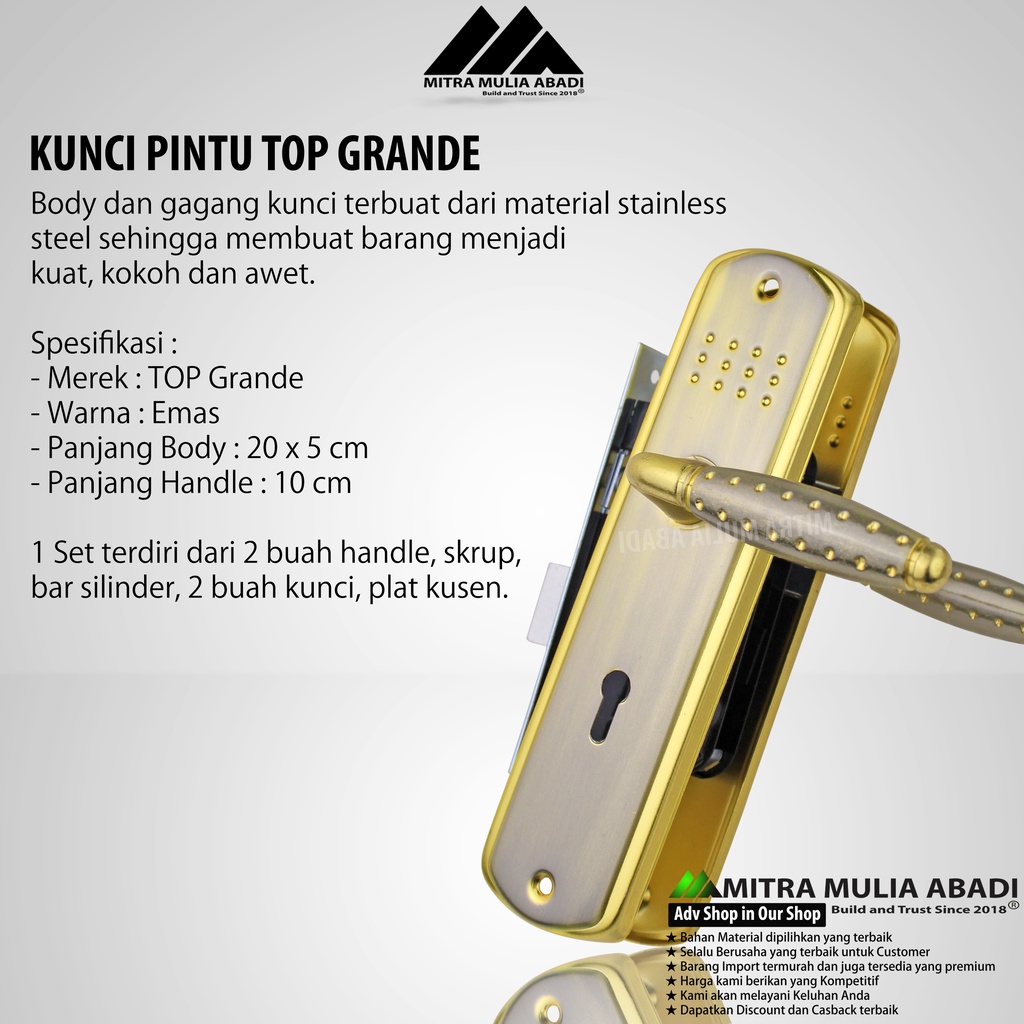 Kunci pintu TOP GRANDE GOLD FULL set Dus Hijau l Handle l Gagang