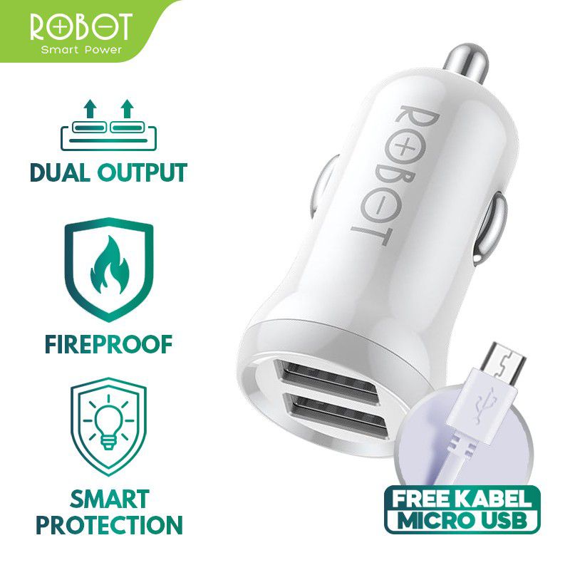 ROBOT RTC-07 Car Charger Colokan Mobil - 2 port USB Free Kabel Micro Usb Garansi Resmi 1 tahun