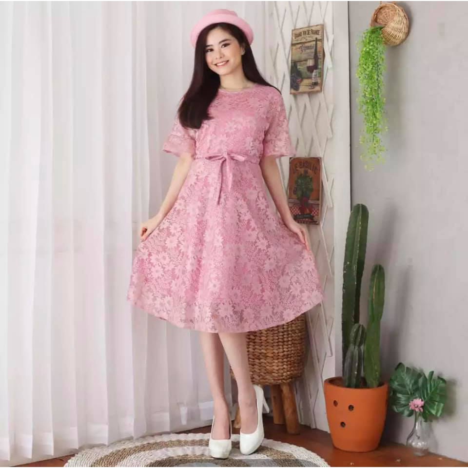 Dress brokat tali pita full furing/dress wanita modern/dress brokat terlaris/dress pesta