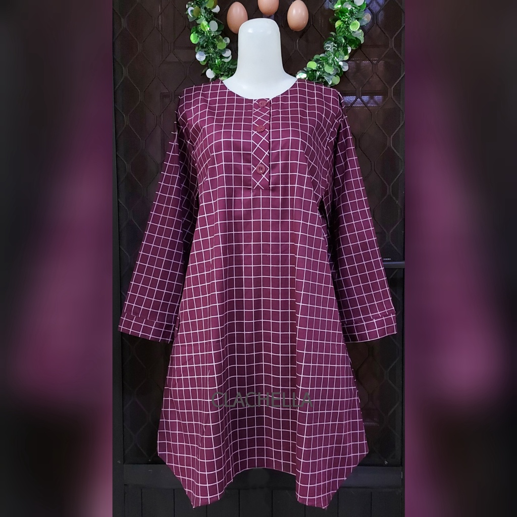 Clachella Baju Tunik Motif Kotak-Kotak, Baju Atasan Wanita T51V8079