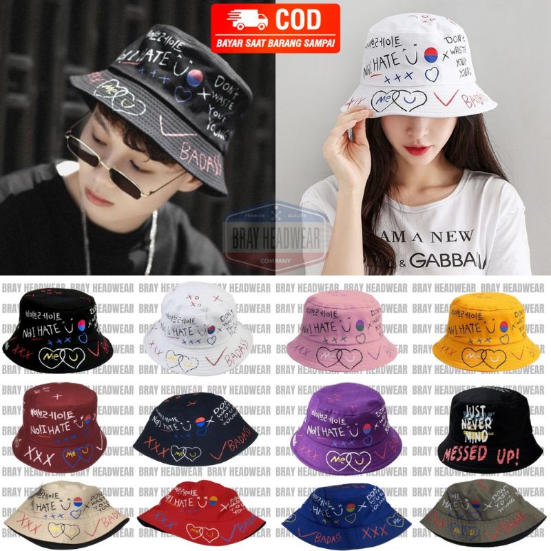 Topi Bucket Pria Wanita Kpop Korea Bolak Balik Motif Sablon BADAS Termurah