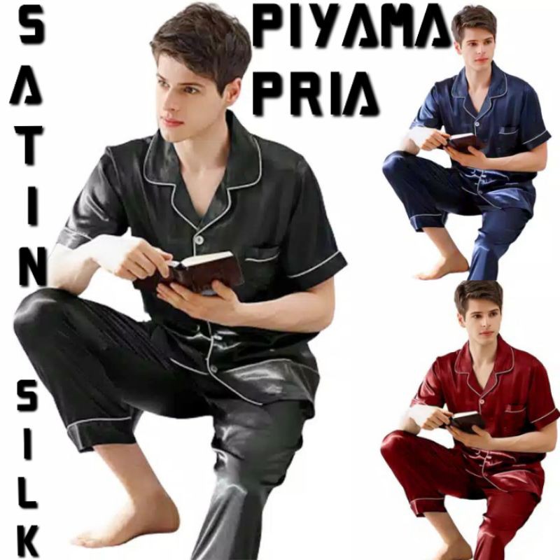 Piyama baju tidur satin cowok celana panjang tangan pendek / CP / pakaian pria / pakaian tidur pria