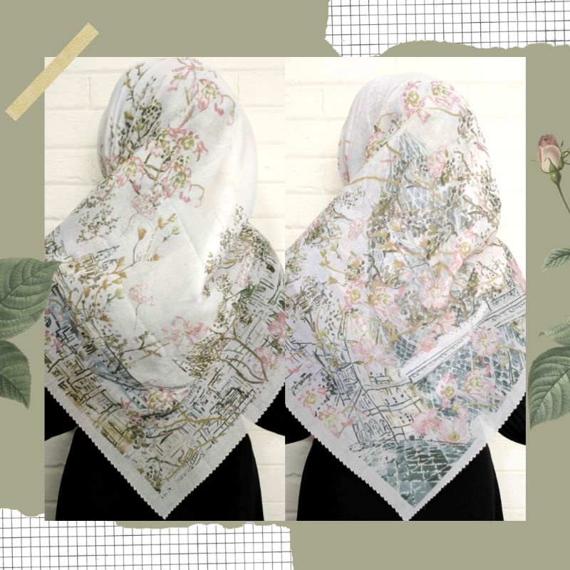 NEW JILBAB HIJAB VOAL MOTIF SYAR'I 130X130 PREMIUM SQUARE LASERCUT KERUDUNG SEGI EMPAT-BRITISH PUTIH