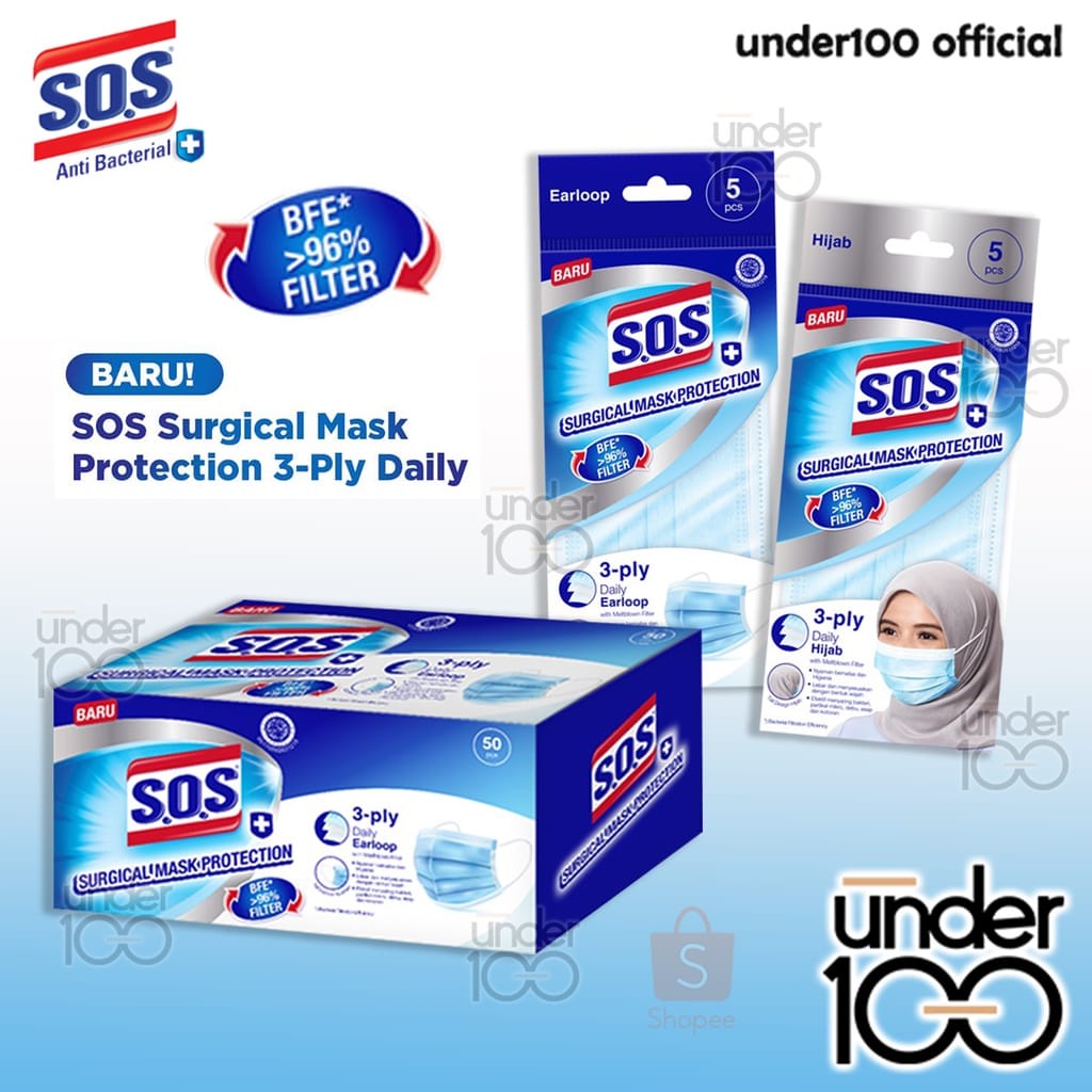 ❤ Under100 ❤ SOS Surgical Mask Protection Masker Daily Hijab | Earloop | S.O.S Masker Medis isi 5 &amp; 50