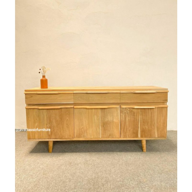 BUFET RETRO MINIMALIS PINTU LACI KABINET TEMPAT TV PAJANGAN DRAWER UKURAN 150x45x70cm BAHAN KAYU JATI TPK PERHUTANI FINISHING BLEACHING DOFF FURNITURE JEPARA