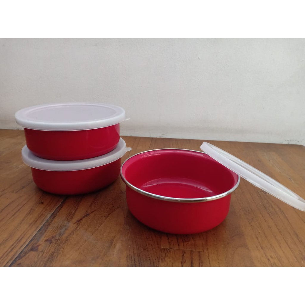 Mangkuk (Bowl) Enamel Size 14 dengan Tutup Plastik /Mangkok Enamel/Bowl Enamel  Harga Per Pcs