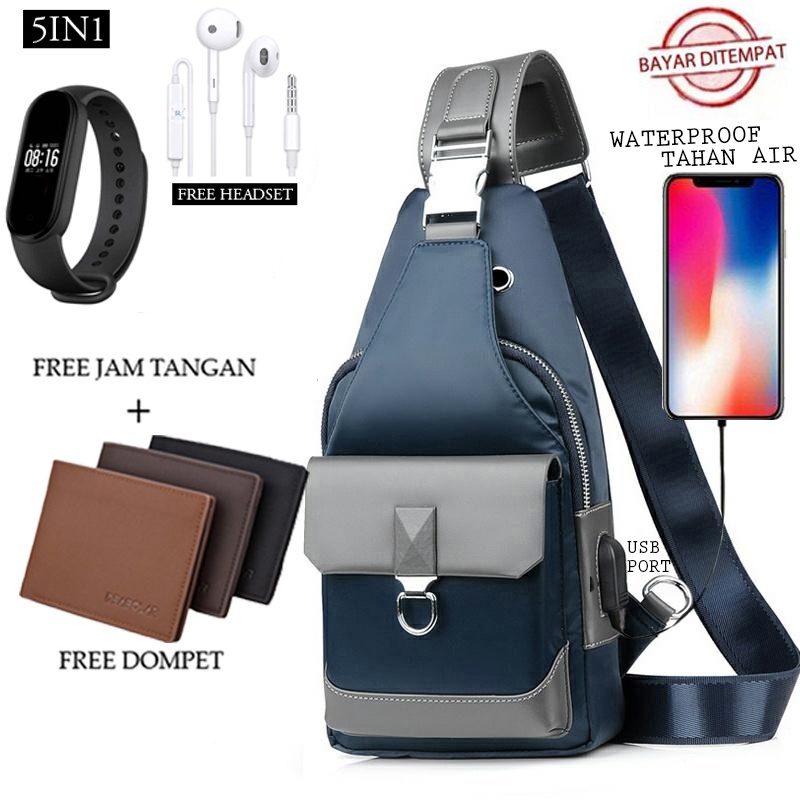 TANMESSO 5in1 BAYAR DITEMPAT- JAM LED -HEADSET- DOMPET -USBPORT -TAS WATERPROOF-BAHAN INTERPILAR SENDIRI LEMBUT DAN TEBAL MENGANDUNG 70%COTTON BUKAN PARASUT ATAU KANVAS SEPERTI YANG BEREDAR DIPASARAN-TAS SELEMPANG PRIA-SLING BAG PRIA