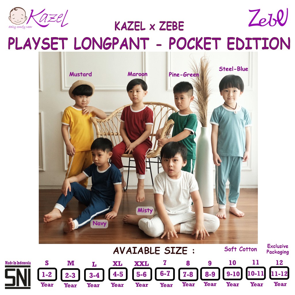 1stel Kazel Zebe Playset Longpants Pocket Big Size 7 8 9 10 11 12 - Pocket Unisex Edition 7-12tahun  / Setelan Pendek Panjang Anak