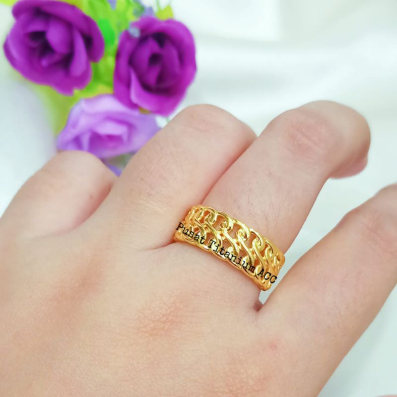 CINCIN TITANIUM SETENGAH RANTAI DOUBLE PERHIASAN EMAS HONGKONG ANTI KARAT ANTI LUNTUR