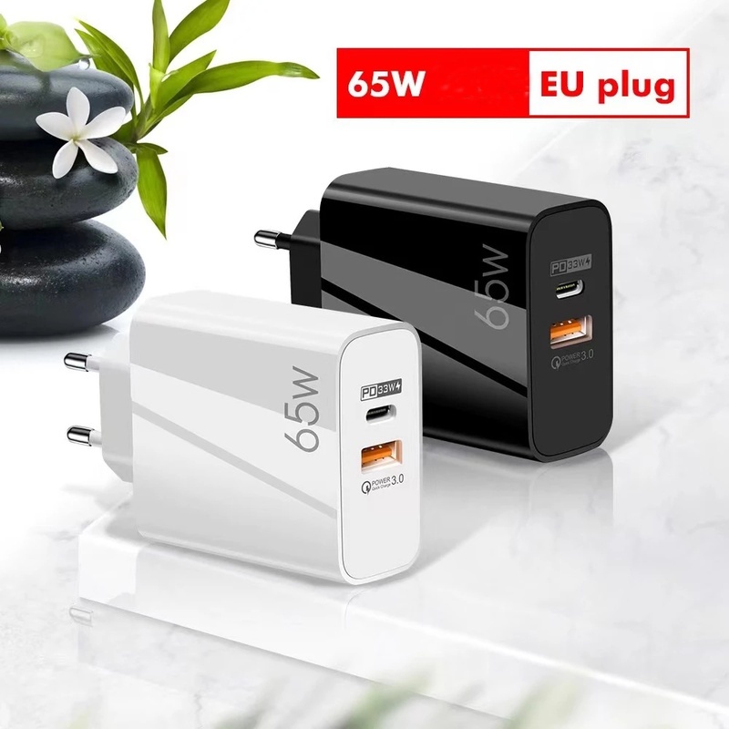 Adapter Charger Dinding Dual Port USB 65w Portable Plug US-EU Untuk Laptop / Smartphone