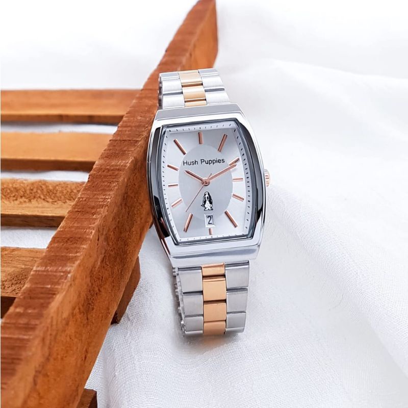 (Terima Cod)Jam Tangan Wanita Fashion Hushpuppiess Oval Model AC Tanggal Aktif Strap Rantai/Stell(Dikirim Jakarta)