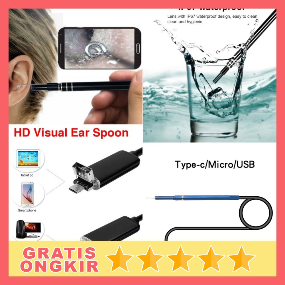 GS8 Korek Kuping 3 in 1 Kamera Endoscope HD Visual USB Earpick with 6 LED JC 7MM 5MM Black