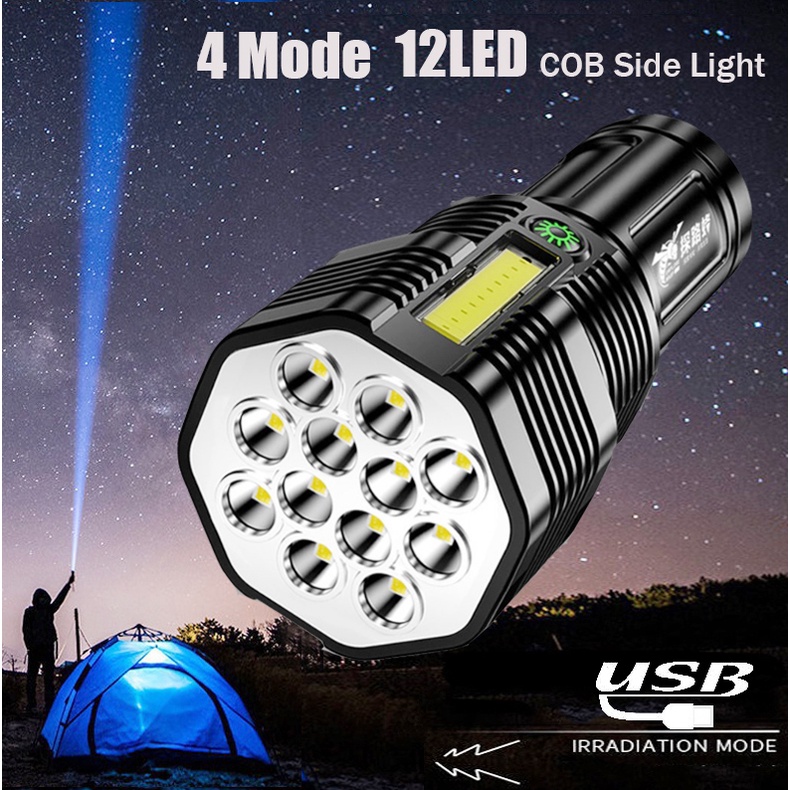 Senter LED 12 Core Taktis Super Terang USB Rechargeable 4 Mode Untuk Outdoor / Darurat