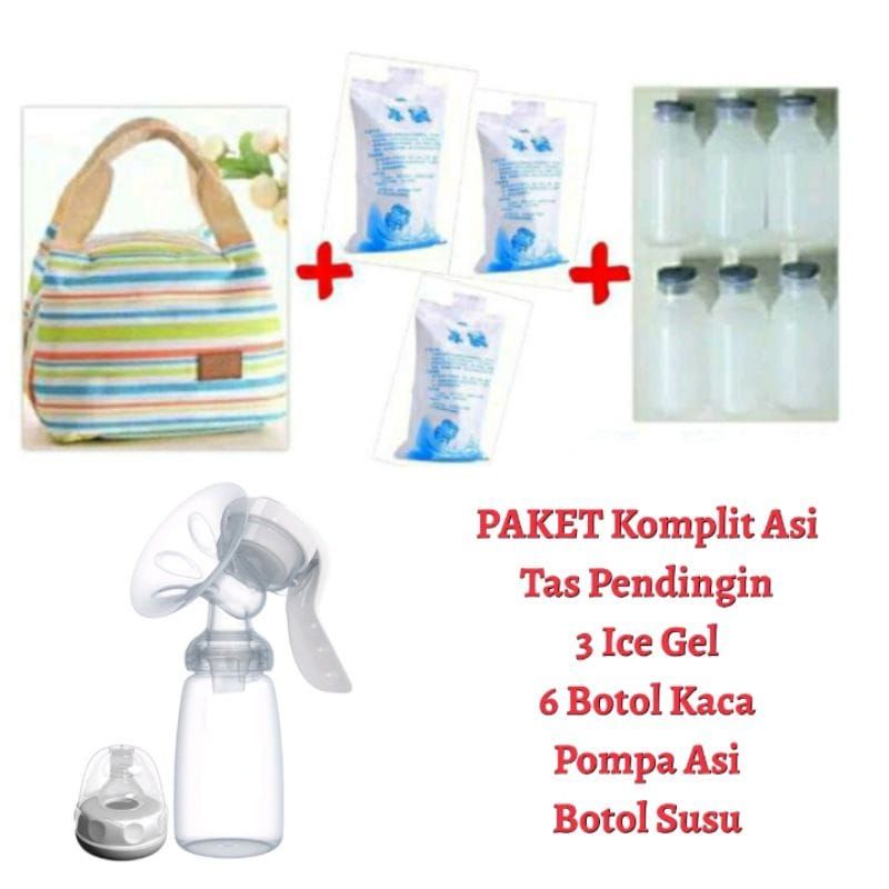 Paket Komplit Pompa Asi Manual Botol Dot Cooler Bag Ice Gel Botol Kaca Tas Asip